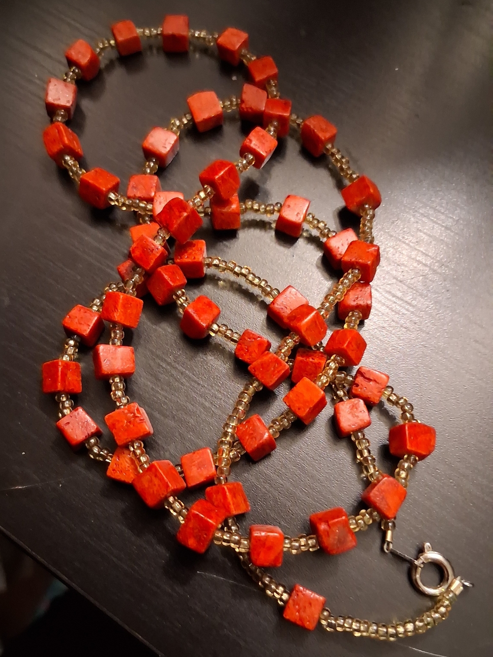 Vintage Boho Red Coral Cube Bead Statement Necklace Single Strand Spring Clasp